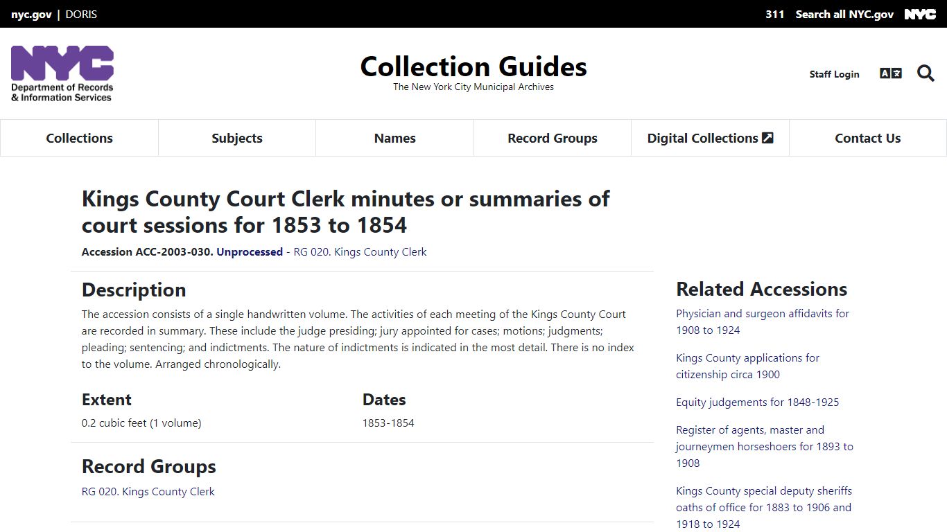 Kings County Court Clerk minutes or summaries of court sessions for ...